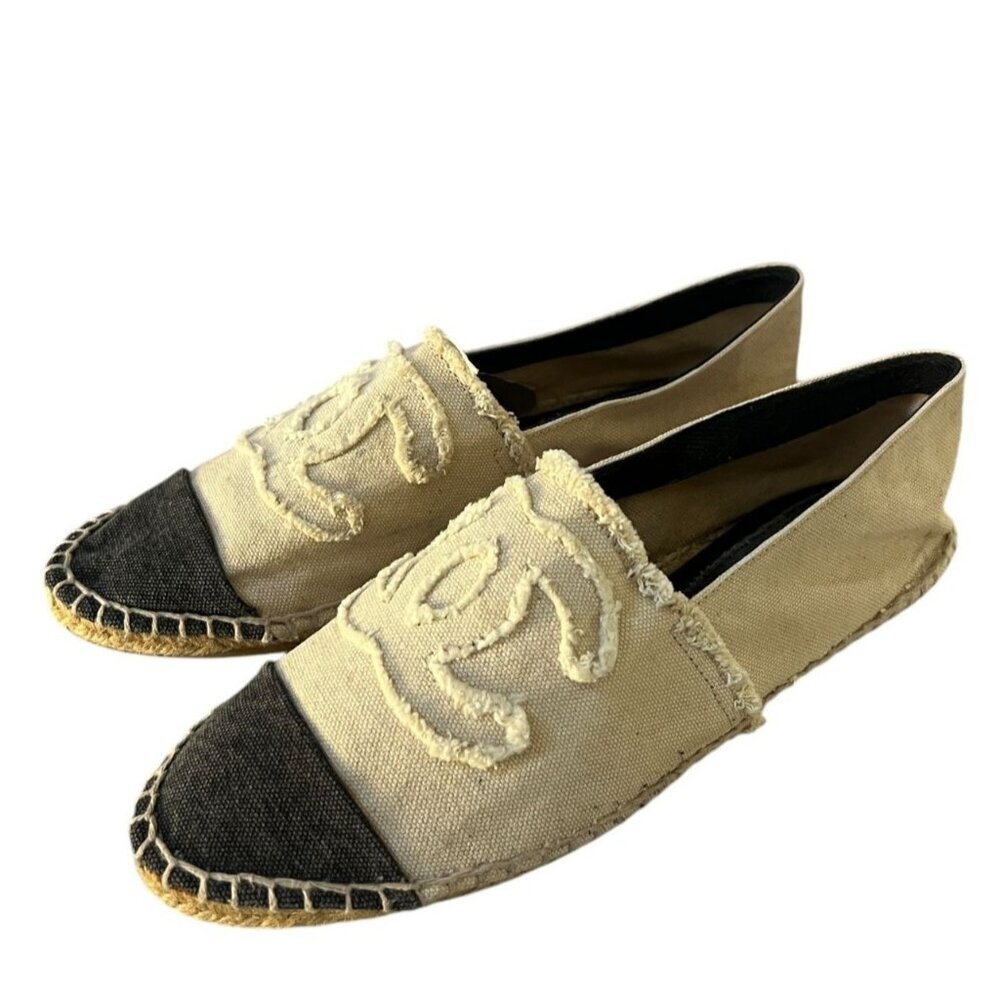 Chanel Size‎ 40 CC Logo Cap Toe Espadrille Flats Black Beige Canvas